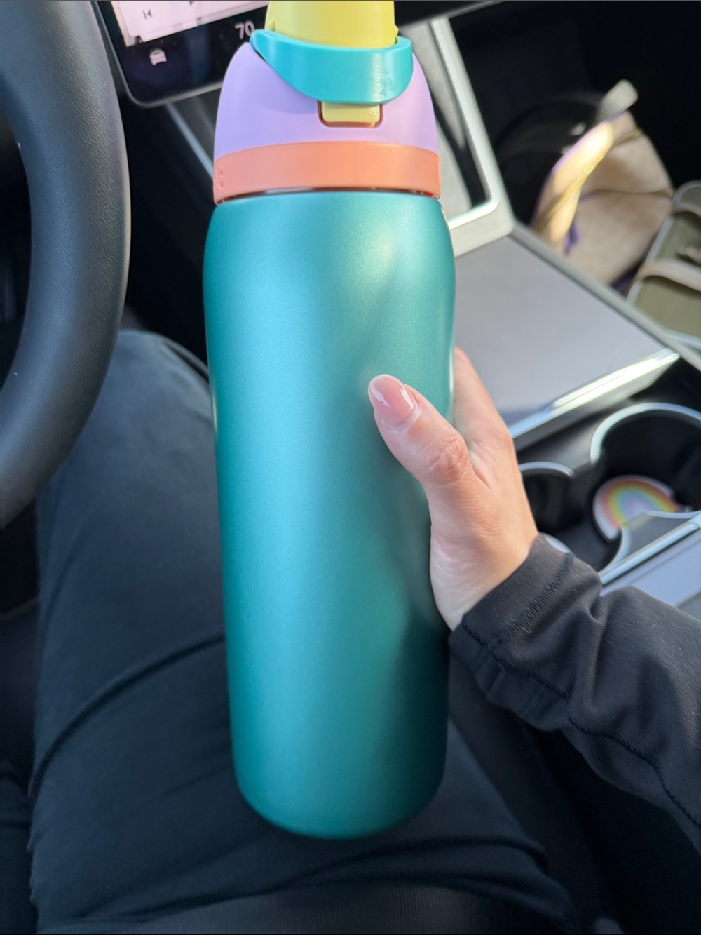 Insulated Teal Water Bottle with Multicolor Lid - Home Kitchen